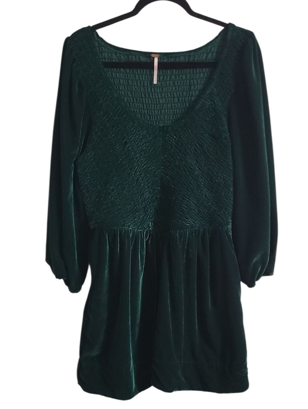 Free People Farrier Smocked Velvet Mini Dress Pine Green L